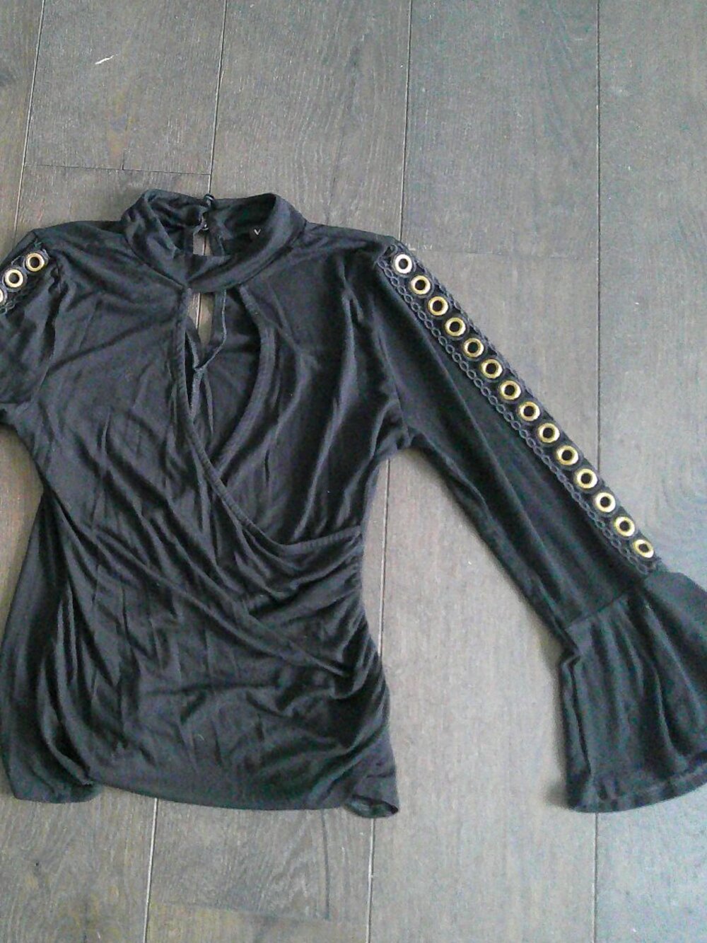 VENUS Women's Black Asymmetrical Ring Shirt with Flare Sleeves